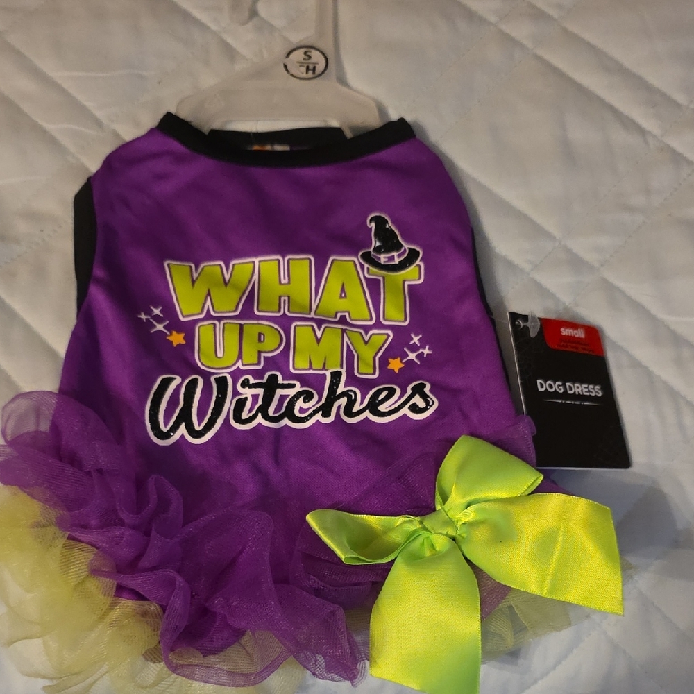 Purple and Yellow Dog Dress with Witch Theme size small